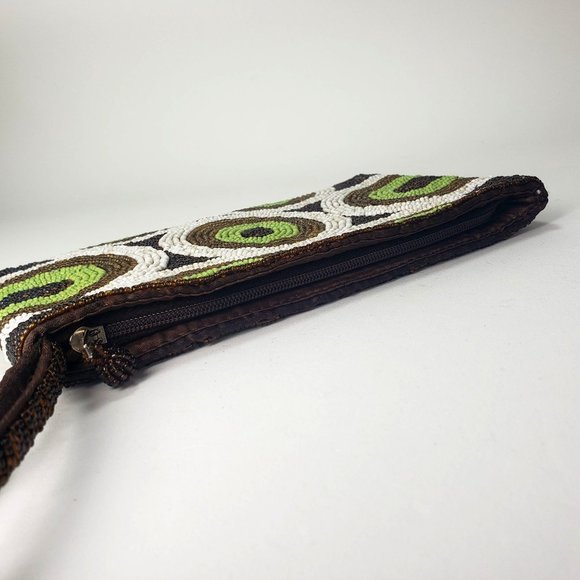 Vintage beaded zip clutch Retro brown, green, white circle motif handbag wallet - Picture 7 of 14